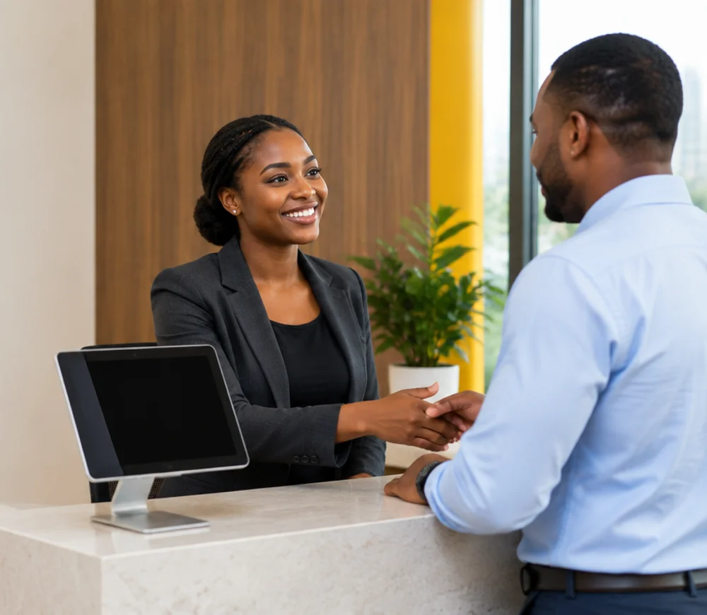 Illustrative Ushr workplace reception scene
